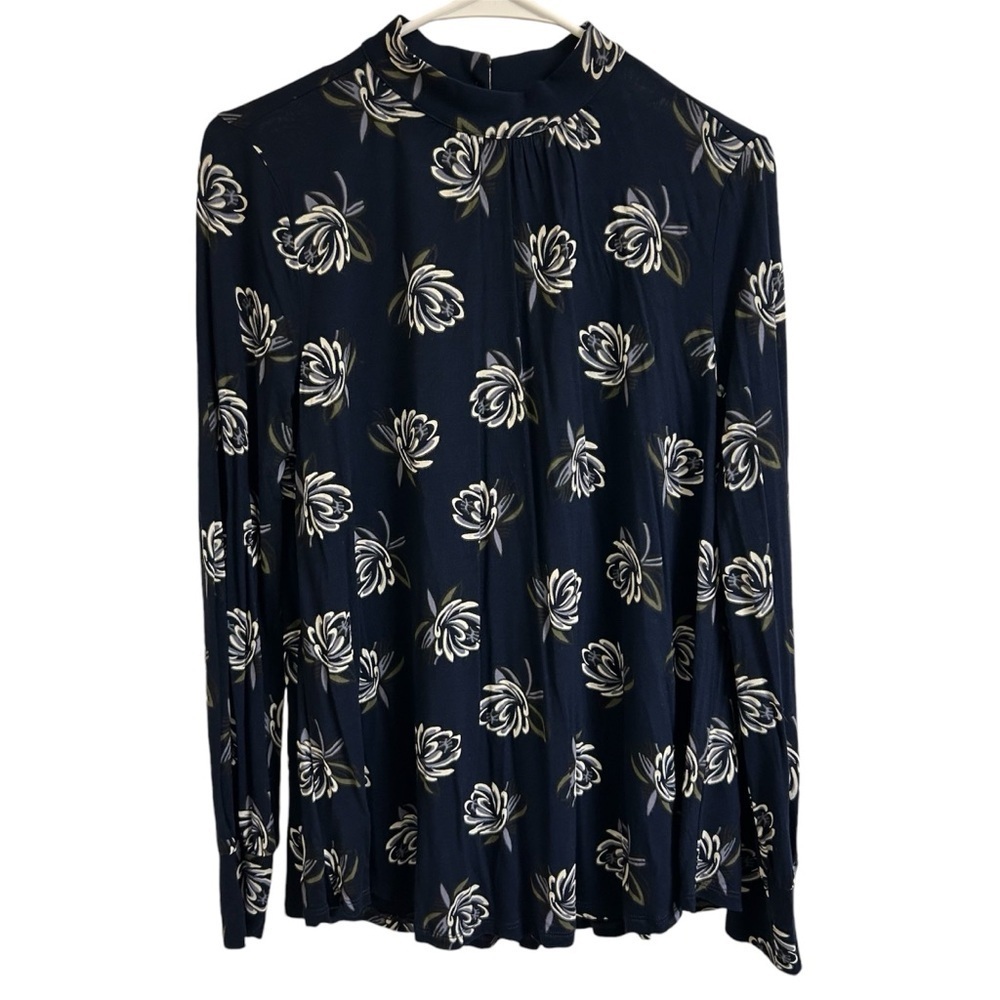 Loft Womens Size Sm Long Sleeve Mock Neck Navy Floral Blouse Career Wear Casual